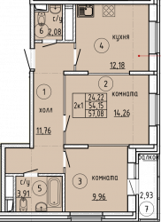 Двухкомнатная квартира 57.08 м²