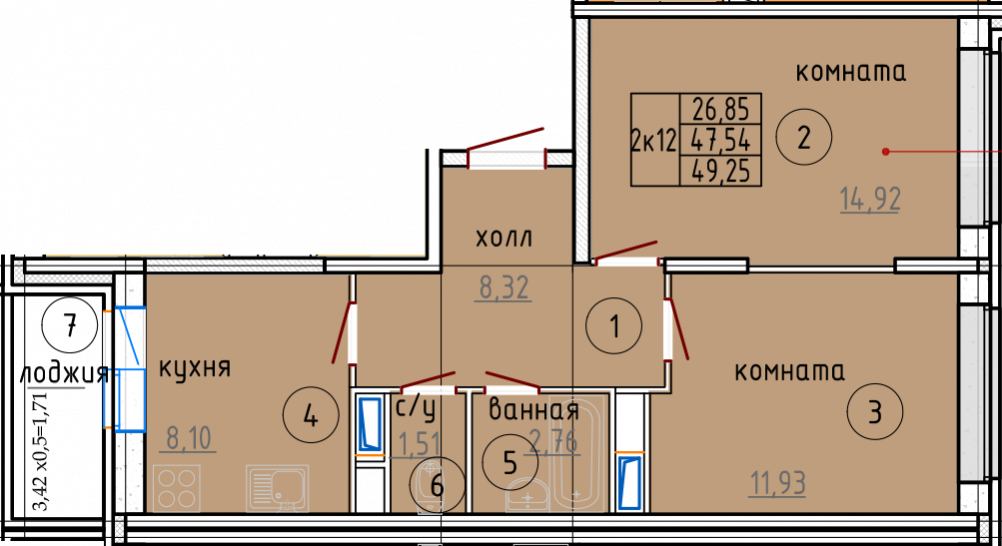 Двухкомнатная квартира 49.25 м²