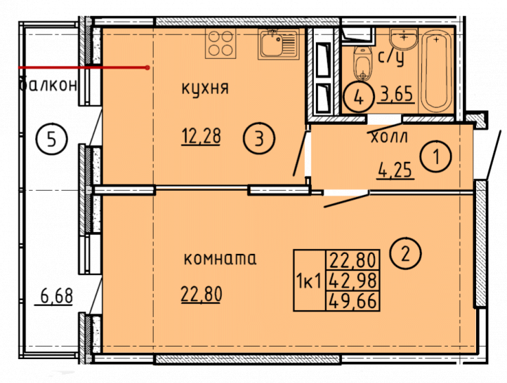 Однокомнатная квартира 49.66 м²
