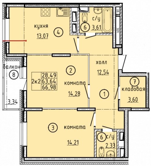Двухкомнатная квартира 66.98 м²