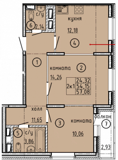 Двухкомнатная квартира 57.08 м²