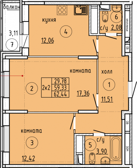 Двухкомнатная квартира 62.44 м²