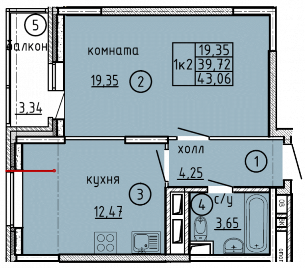 Однокомнатная квартира 43.06 м²